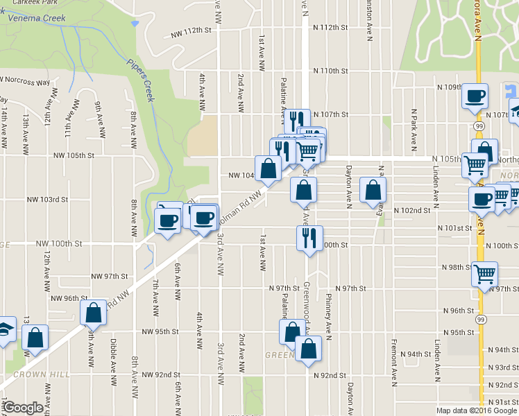 map of restaurants, bars, coffee shops, grocery stores, and more near 10201 1st Avenue Northwest in Seattle