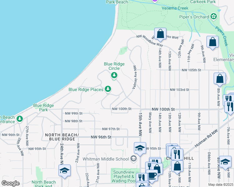 map of restaurants, bars, coffee shops, grocery stores, and more near 10212 Radford Avenue Northwest in Seattle