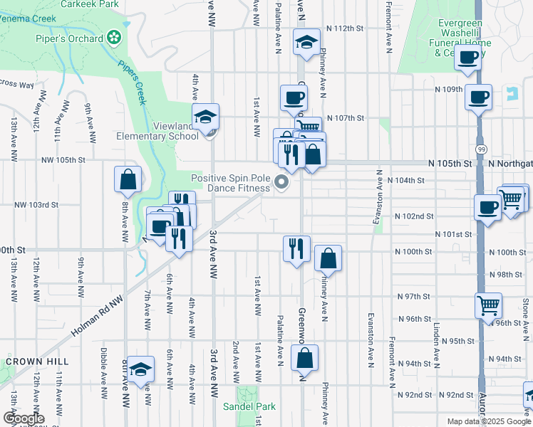 map of restaurants, bars, coffee shops, grocery stores, and more near 10202 1st Avenue Northwest in Seattle