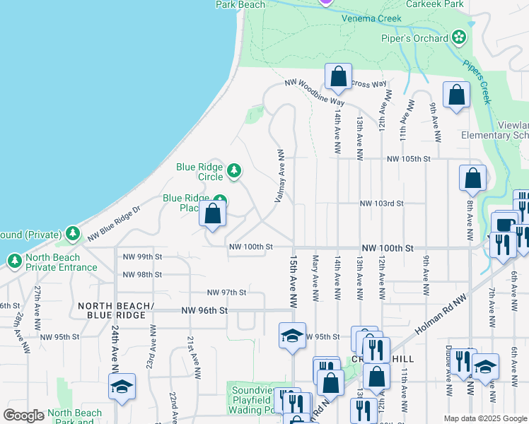 map of restaurants, bars, coffee shops, grocery stores, and more near 1602 Northwest Blue Ridge Drive in Seattle