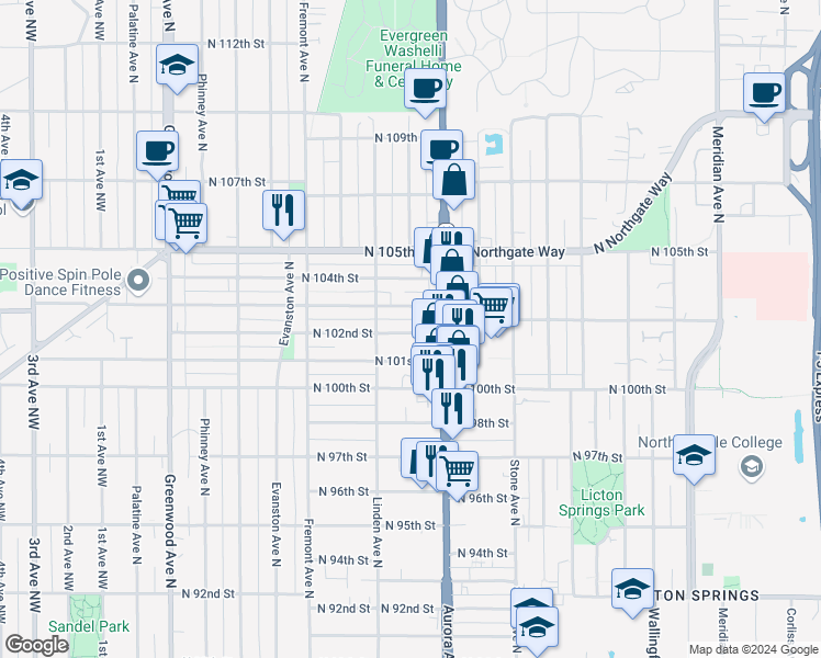 map of restaurants, bars, coffee shops, grocery stores, and more near 934 North 102nd Street in Seattle