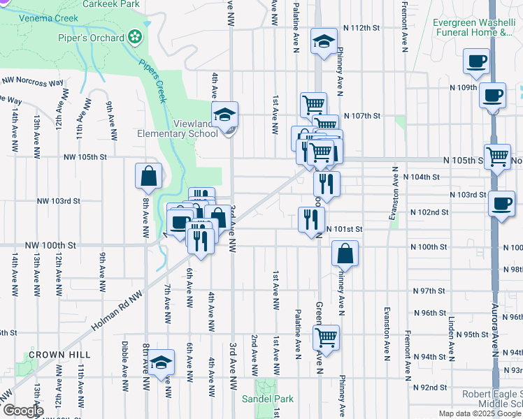 map of restaurants, bars, coffee shops, grocery stores, and more near 10146 Holman Road Northwest in Seattle