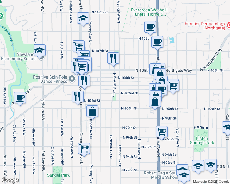 map of restaurants, bars, coffee shops, grocery stores, and more near 10202 Evanston Avenue North in Seattle