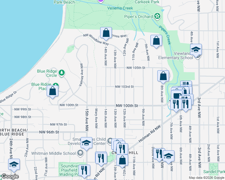 map of restaurants, bars, coffee shops, grocery stores, and more near 10051 13th Avenue Northwest in Seattle