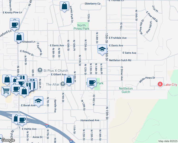 map of restaurants, bars, coffee shops, grocery stores, and more near 2805 North 13th Street in Coeur d'Alene