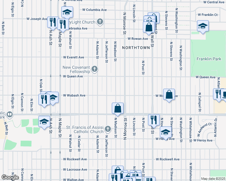 map of restaurants, bars, coffee shops, grocery stores, and more near 4911 North Madison Street in Spokane