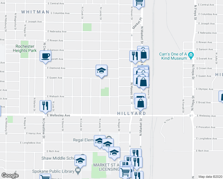 map of restaurants, bars, coffee shops, grocery stores, and more near 4924 North Nelson Street in Spokane