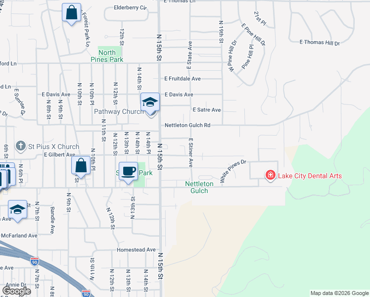map of restaurants, bars, coffee shops, grocery stores, and more near 1538 East Gilbert Avenue in Coeur d'Alene