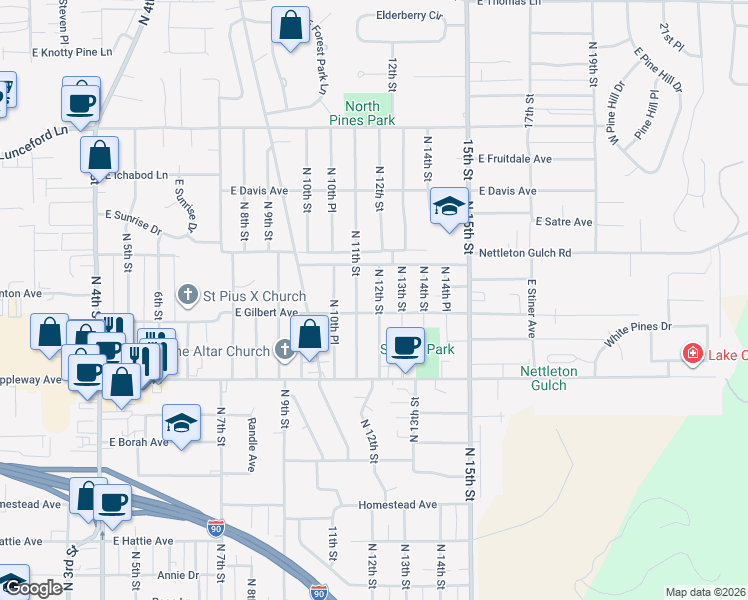 map of restaurants, bars, coffee shops, grocery stores, and more near 2809 N 12th St in Coeur d'Alene