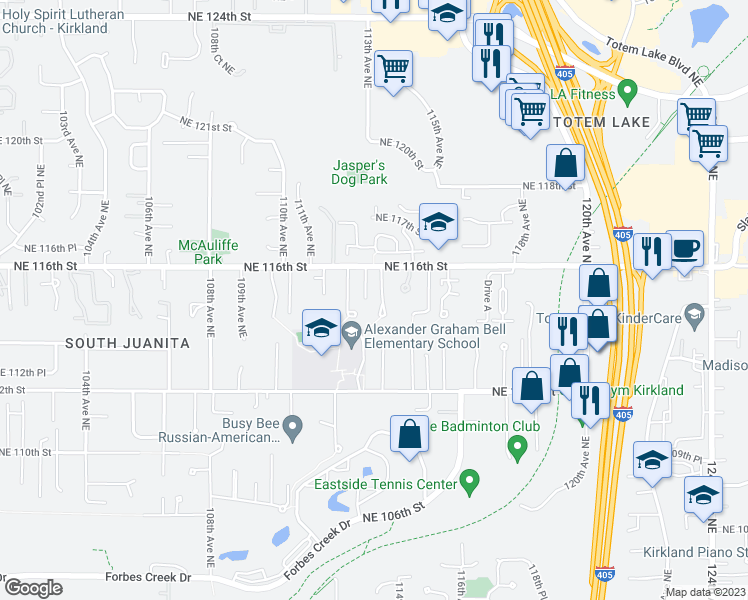 map of restaurants, bars, coffee shops, grocery stores, and more near 11431 113th Place Northeast in Kirkland