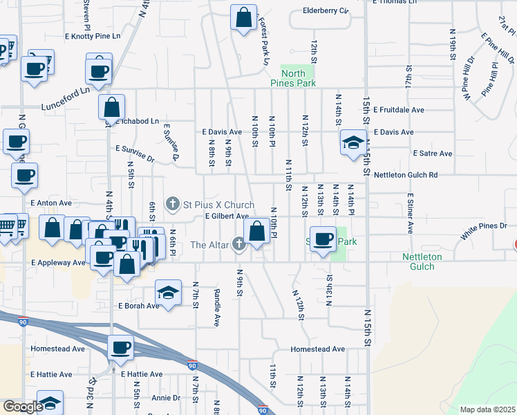 map of restaurants, bars, coffee shops, grocery stores, and more near 2808 North Honeysuckle Drive in Coeur d'Alene