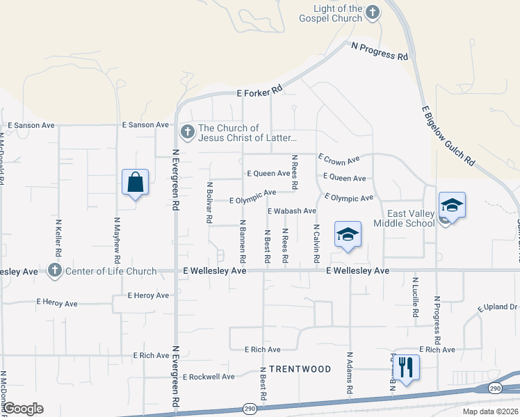 map of restaurants, bars, coffee shops, grocery stores, and more near 5103 North Best Road in Spokane Valley