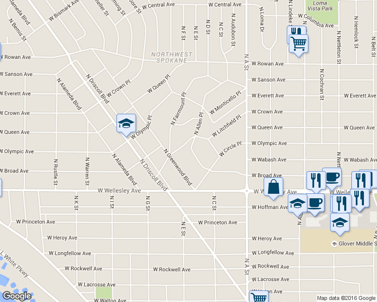 map of restaurants, bars, coffee shops, grocery stores, and more near 4925 North Allen Place in Spokane