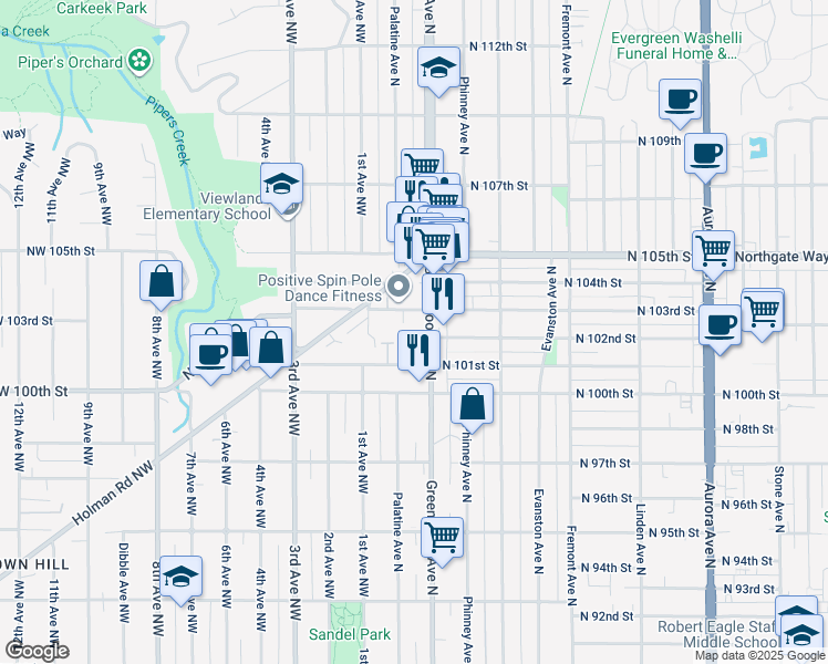map of restaurants, bars, coffee shops, grocery stores, and more near 10215 Greenwood Avenue North in Seattle