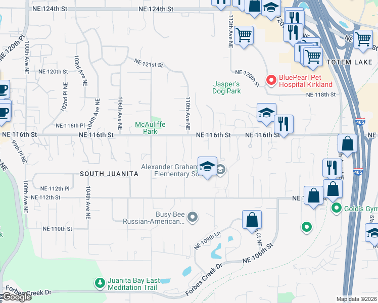 map of restaurants, bars, coffee shops, grocery stores, and more near 11427 110th Avenue Northeast in Kirkland