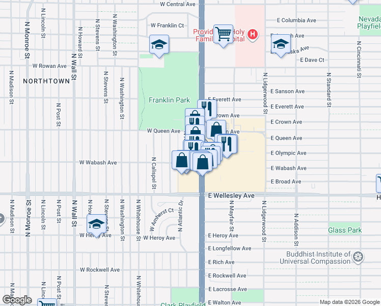 map of restaurants, bars, coffee shops, grocery stores, and more near 4918 North Atlantic Street in Spokane