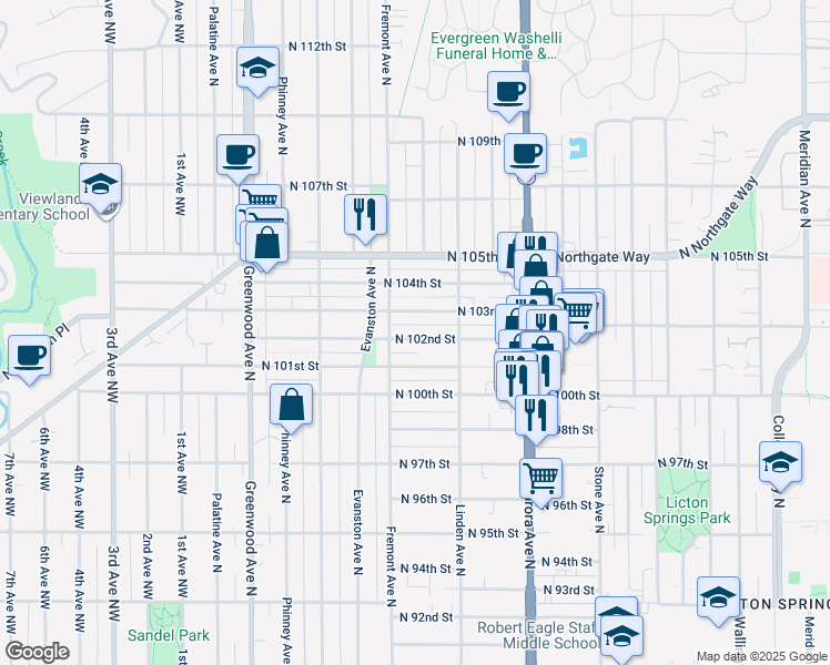 map of restaurants, bars, coffee shops, grocery stores, and more near 722 North 102nd Street in Seattle