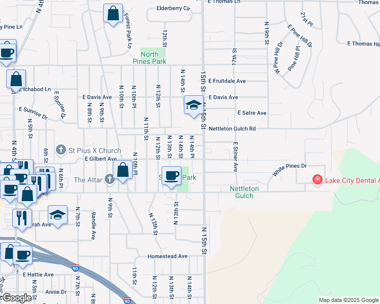 map of restaurants, bars, coffee shops, grocery stores, and more near 2810 North 14th Place in Coeur d'Alene