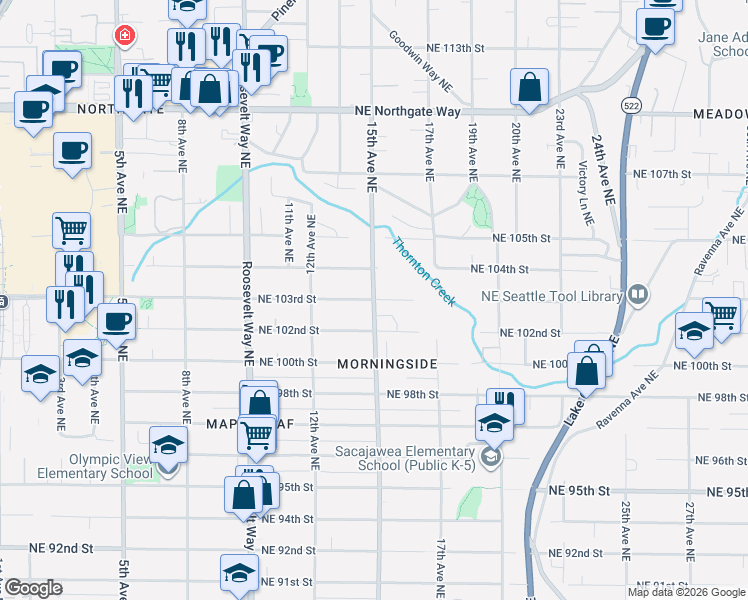map of restaurants, bars, coffee shops, grocery stores, and more near 15th Ave NE & NE 103rd St in Seattle