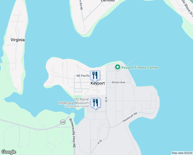 map of restaurants, bars, coffee shops, grocery stores, and more near 1911 Northeast Pacific Avenue in Keyport