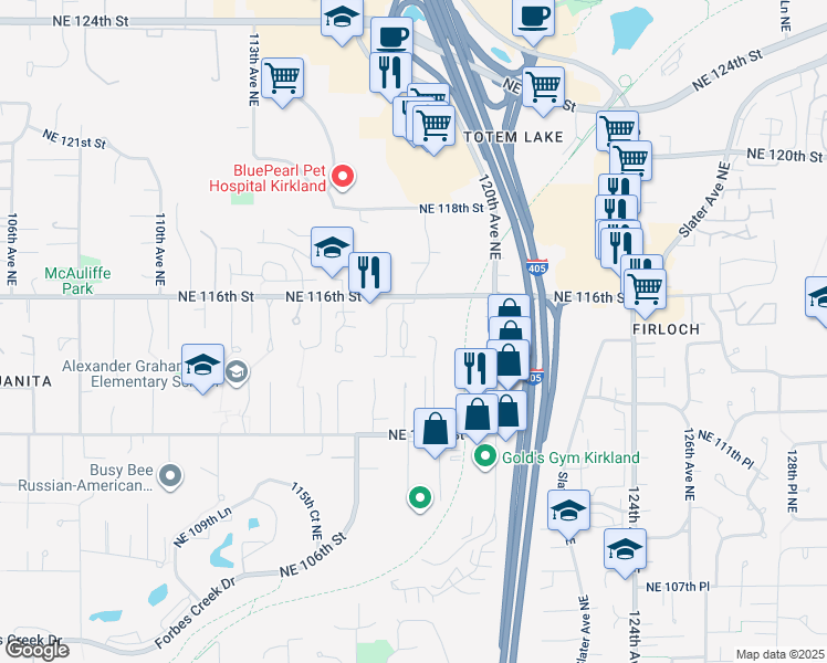map of restaurants, bars, coffee shops, grocery stores, and more near 11518 117th Lane Northeast in Kirkland