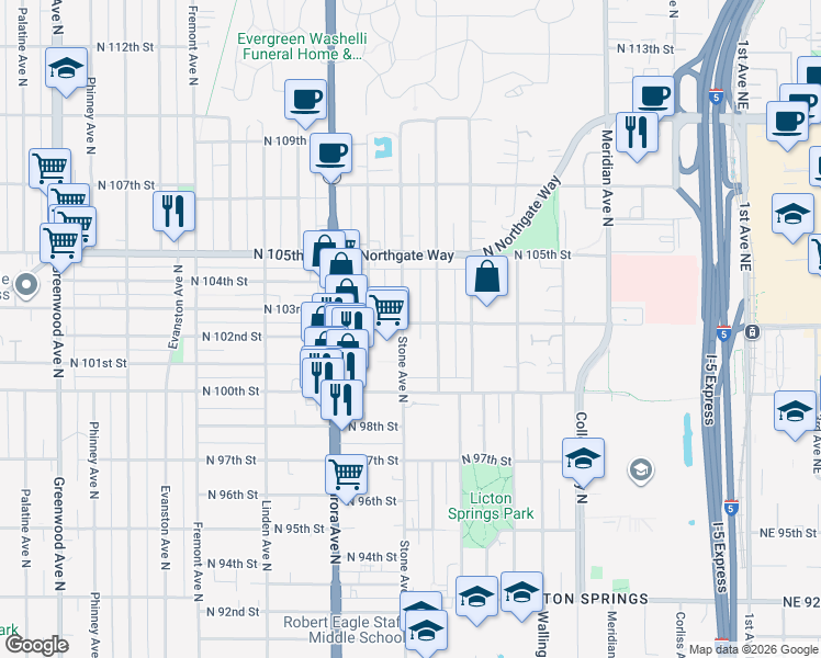map of restaurants, bars, coffee shops, grocery stores, and more near 10058 Stone Avenue North in Seattle