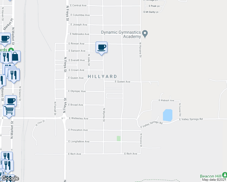 map of restaurants, bars, coffee shops, grocery stores, and more near 4911 North Florida Street in Spokane