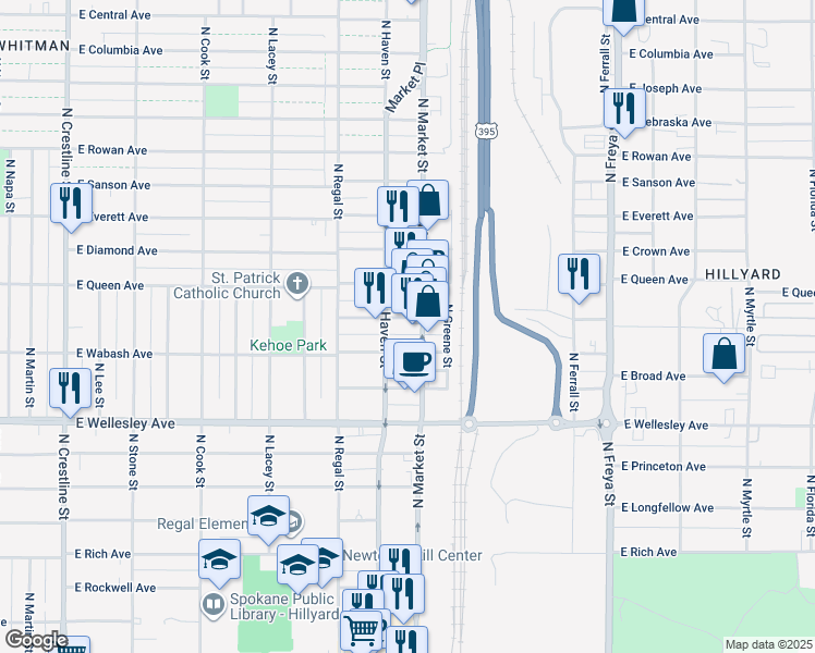 map of restaurants, bars, coffee shops, grocery stores, and more near 3002 East Olympic Avenue in Spokane