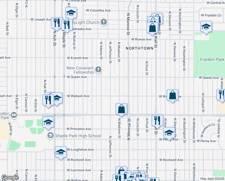 map of restaurants, bars, coffee shops, grocery stores, and more near 4911 North Madison Street in Spokane