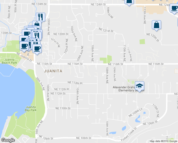 map of restaurants, bars, coffee shops, grocery stores, and more near 11422 105th Court Northeast in Kirkland
