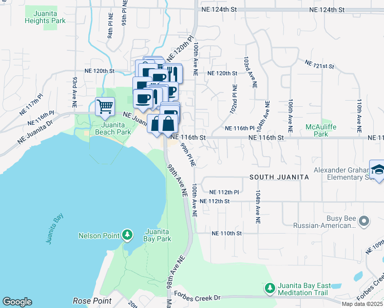 map of restaurants, bars, coffee shops, grocery stores, and more near 11414 99th Place Northeast in Kirkland