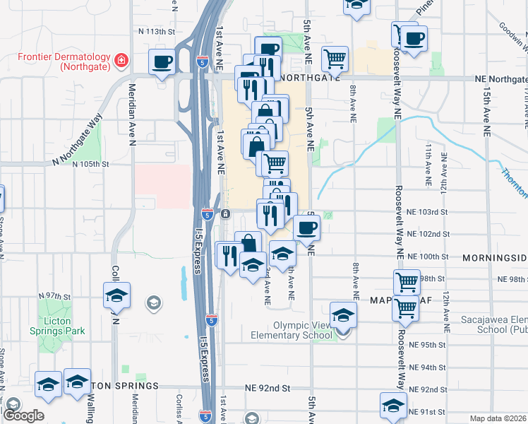 map of restaurants, bars, coffee shops, grocery stores, and more near in Seattle