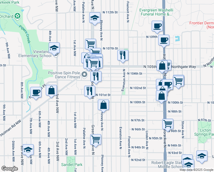 map of restaurants, bars, coffee shops, grocery stores, and more near 344 North 102nd Street in Seattle