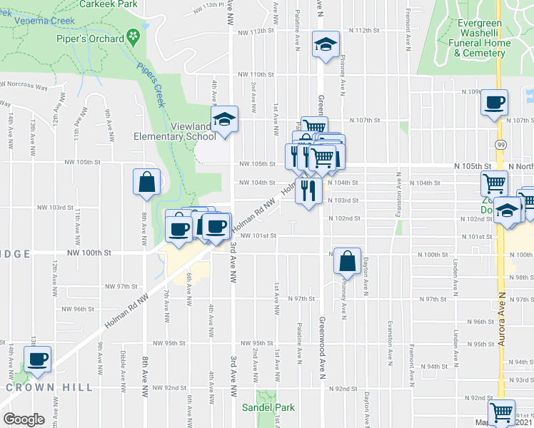 map of restaurants, bars, coffee shops, grocery stores, and more near 10201 1st Avenue Northwest in Seattle