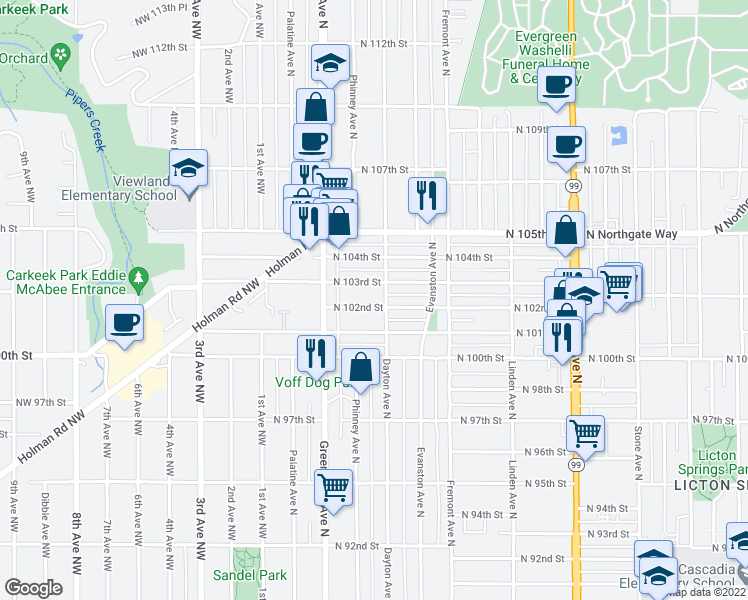 map of restaurants, bars, coffee shops, grocery stores, and more near 344 North 102nd Street in Seattle