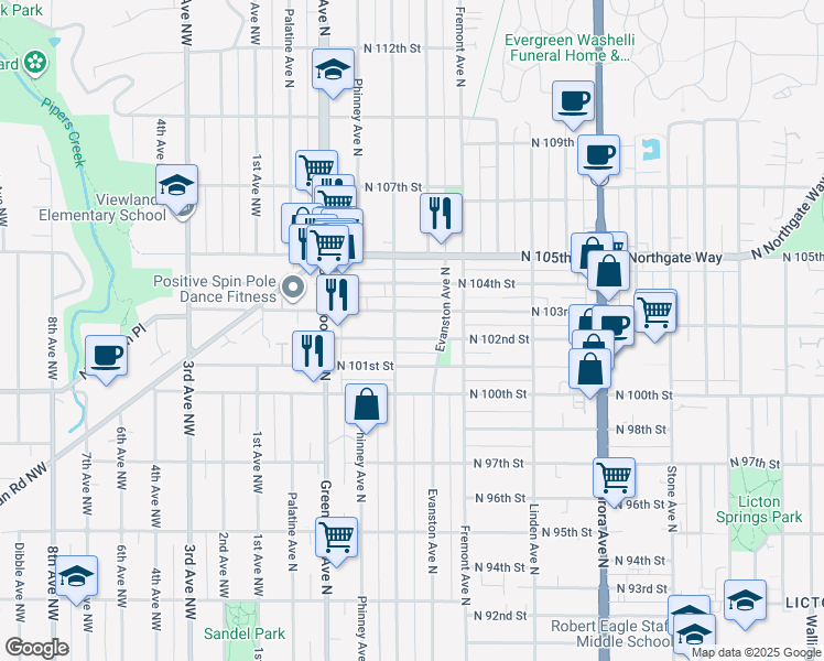 map of restaurants, bars, coffee shops, grocery stores, and more near 514 North 102nd Street in Seattle