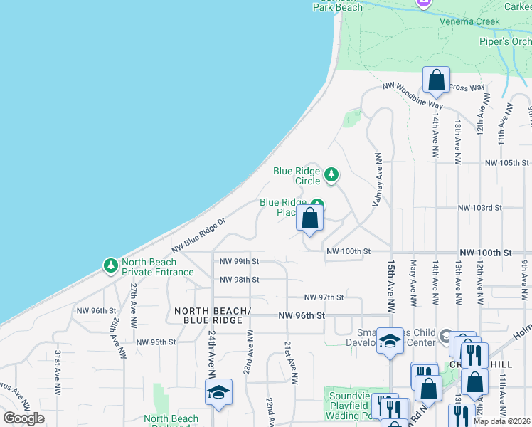 map of restaurants, bars, coffee shops, grocery stores, and more near 10233 Richwood Avenue Northwest in Seattle