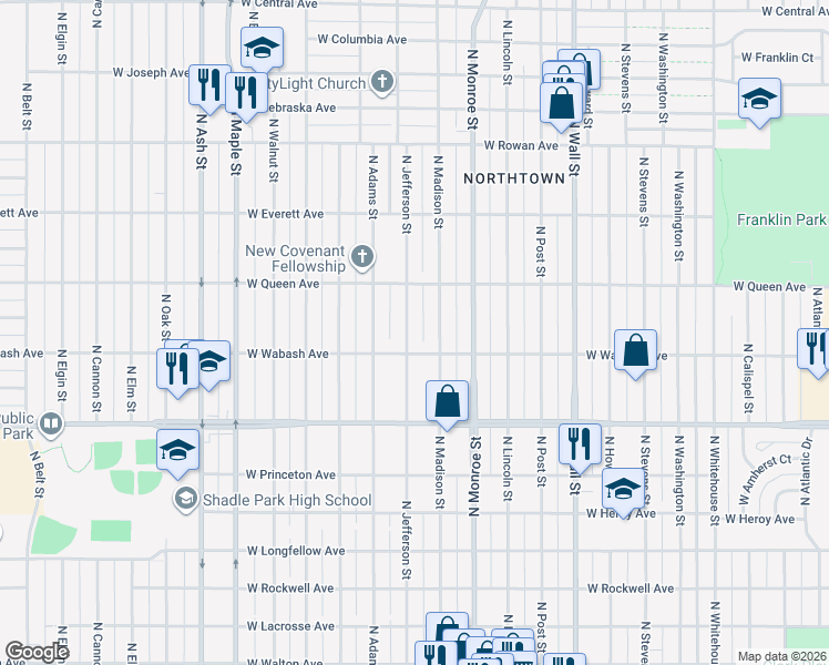 map of restaurants, bars, coffee shops, grocery stores, and more near 4911 North Madison Street in Spokane
