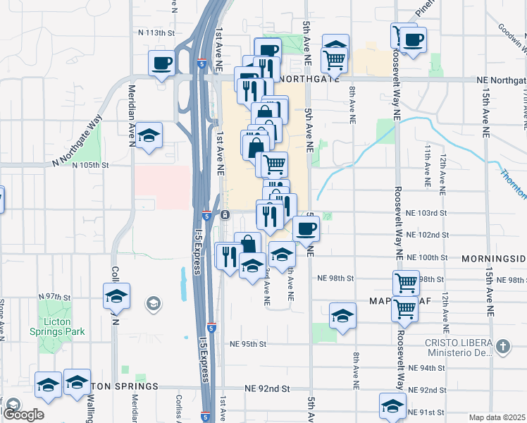 map of restaurants, bars, coffee shops, grocery stores, and more near 201 Northeast 103rd Street in Seattle