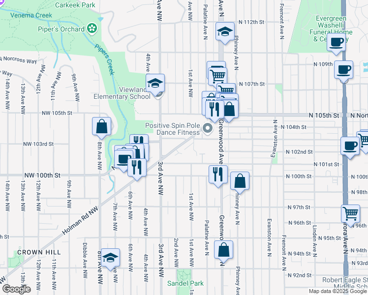 map of restaurants, bars, coffee shops, grocery stores, and more near 10158 Holman Road Northwest in Seattle