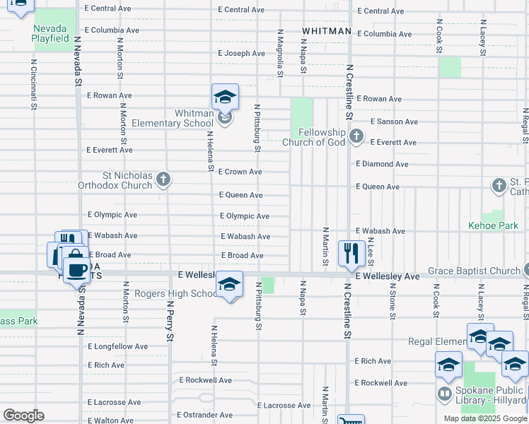 map of restaurants, bars, coffee shops, grocery stores, and more near 1703 East Olympic Avenue in Spokane