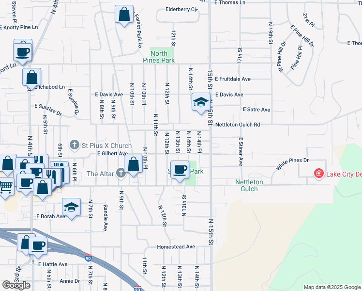map of restaurants, bars, coffee shops, grocery stores, and more near 2806 N 13th St in Coeur d'Alene