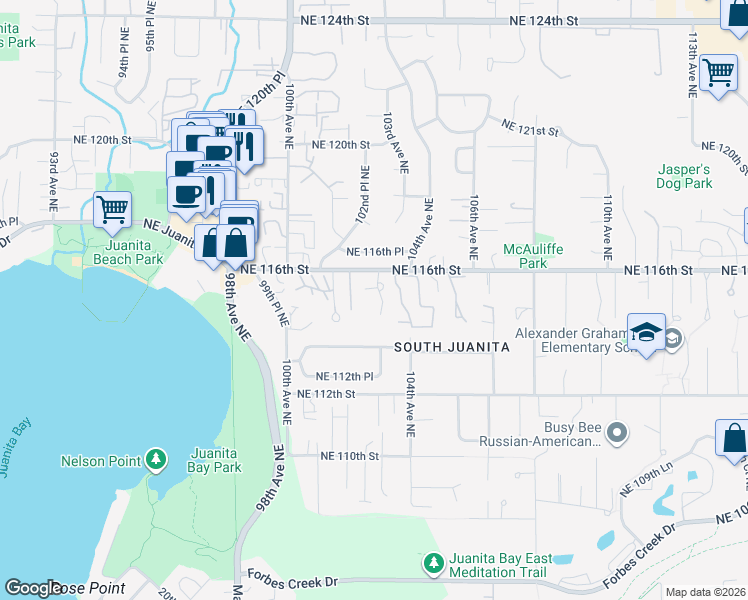 map of restaurants, bars, coffee shops, grocery stores, and more near 11412 102nd Court Northeast in Kirkland