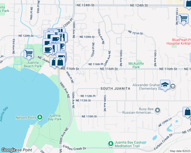 map of restaurants, bars, coffee shops, grocery stores, and more near 11418 102nd Court Northeast in Kirkland