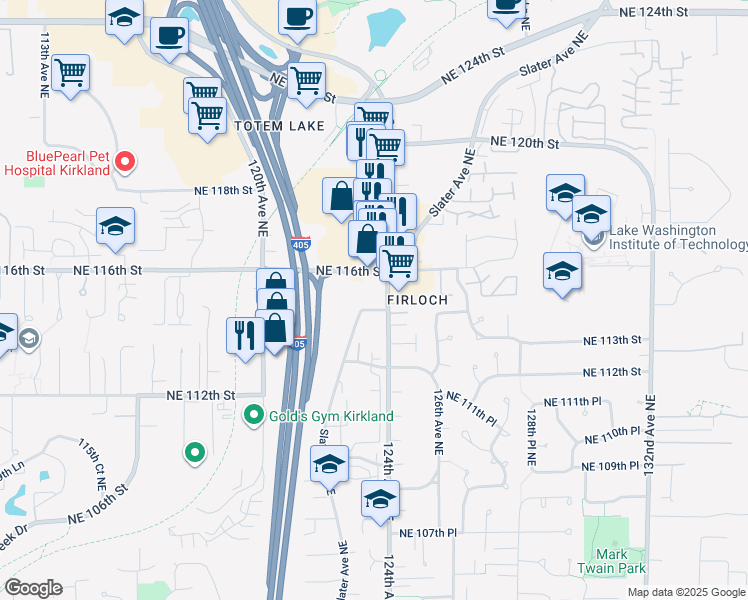 map of restaurants, bars, coffee shops, grocery stores, and more near 12340 Northeast 115th Place in Kirkland
