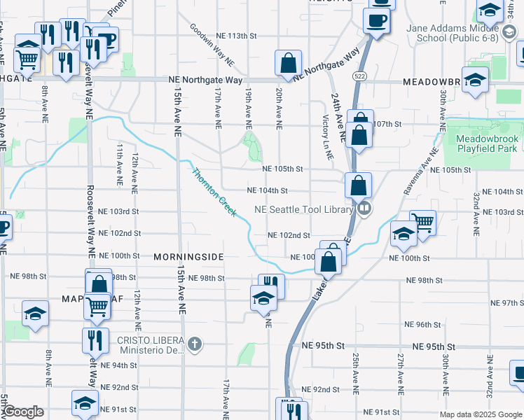 map of restaurants, bars, coffee shops, grocery stores, and more near 1757 Northeast 103rd Street in Seattle