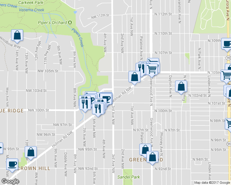 map of restaurants, bars, coffee shops, grocery stores, and more near 10130 3rd Avenue Northwest in Seattle