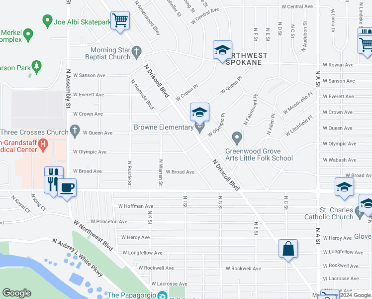 map of restaurants, bars, coffee shops, grocery stores, and more near 4902 North Alameda Boulevard in Spokane