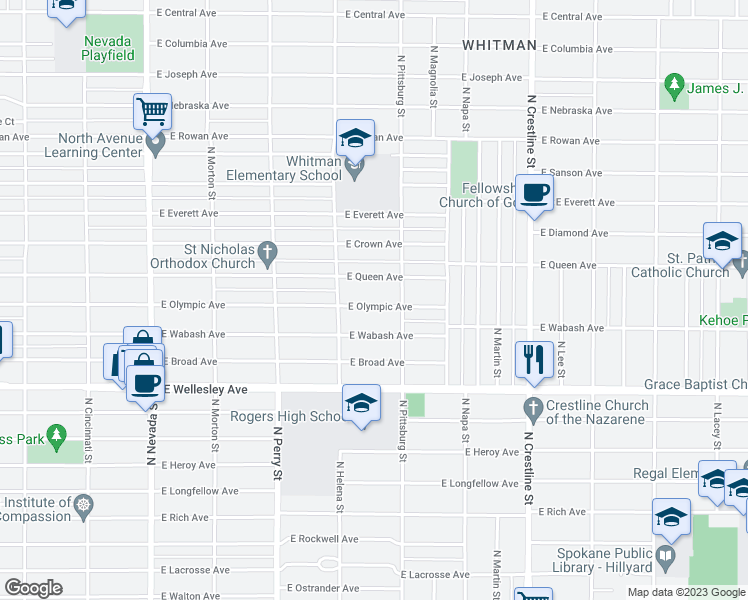 map of restaurants, bars, coffee shops, grocery stores, and more near 1635 East Olympic Avenue in Spokane