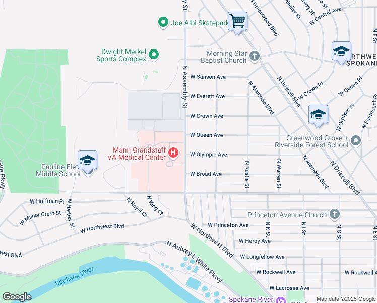 map of restaurants, bars, coffee shops, grocery stores, and more near 4322 West Olympic Avenue in Spokane